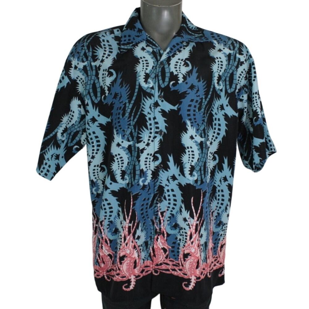 Vintage Y2K Tribal Seahorse All Over Print Shirt Mens L Surf Grunge